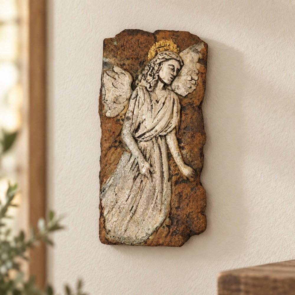 Angel Wall Plaque Relief Sculpture Rustic Religious Folk Art Gold Halo 7.5"
